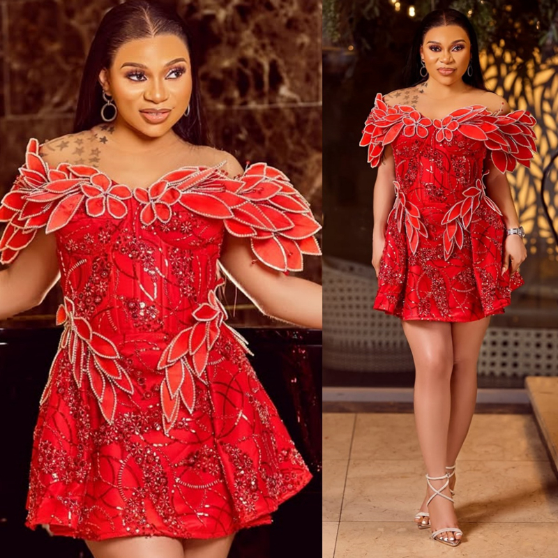 2025 Aso Ebi Red Cocktail Dresses For Women Short Mini Dress Flora Illusion Sheath Sheer Neck Beaded Lace Homecoming Dresses Mini Gown For Nigeria Bla