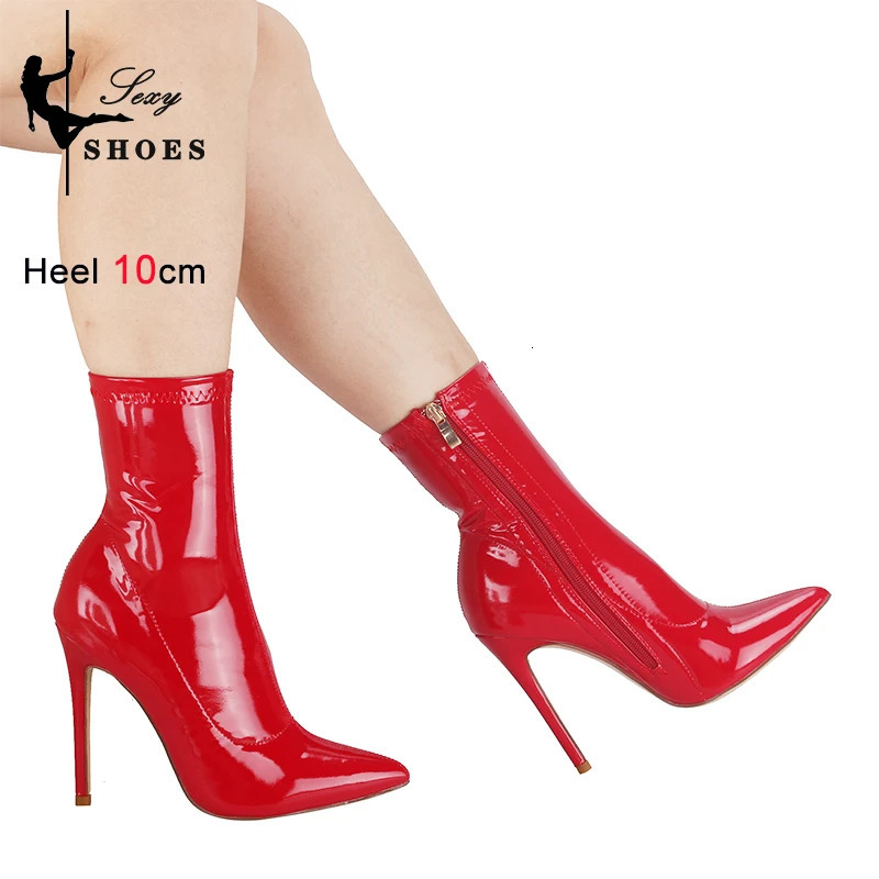 10CM Women Ankle Boots Side Zipper Thin Heels Short Boot Glossy Patent Leather High Heels Office Autumn Shoes For Woman Footwear 250812