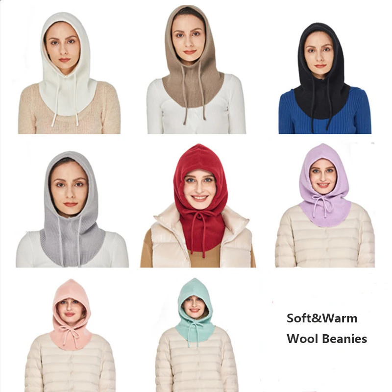 Cashmere Knitted Balaclava Hat For Women Wintet Soft Warm Wool Beanie Scarf Hooded Skullies Collar Neck Face Protect Bonnet 250808