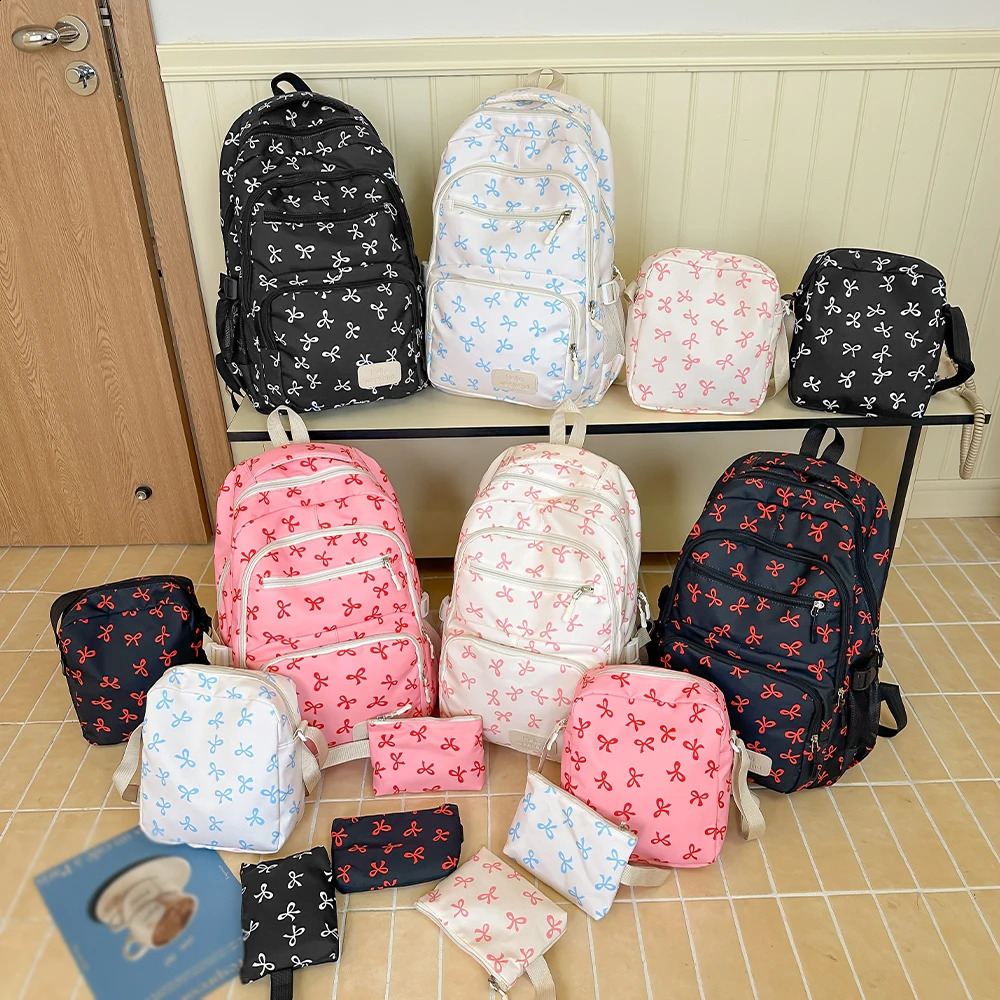 Korean Fashion Bow Print Women Fashion Backpack Lightweight Simple Student Schoolbag Female Bag Set Three-Piece 250809