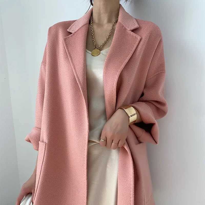 Autumn Winter Fashion Double-sided Cashmere Coat Women Thick Water Ripple Cropped Wool Coat Loose Lapel Neck with Belt Z250813