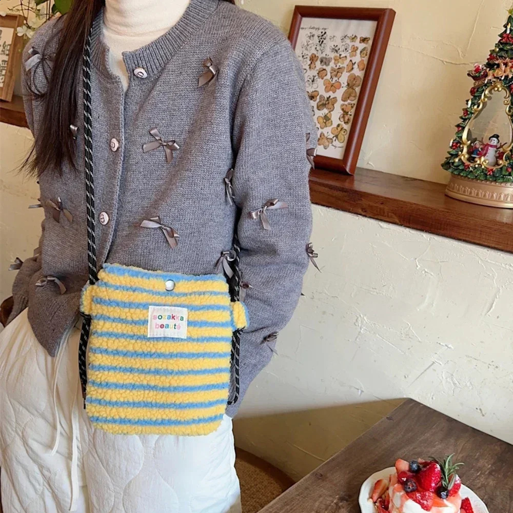 Fashion Plush Rainbow Polka Dot Cute Little Bag Pink Shoulder Crossbody Bag Women Shopping Storage Bag Portable Phone Pouch 250809