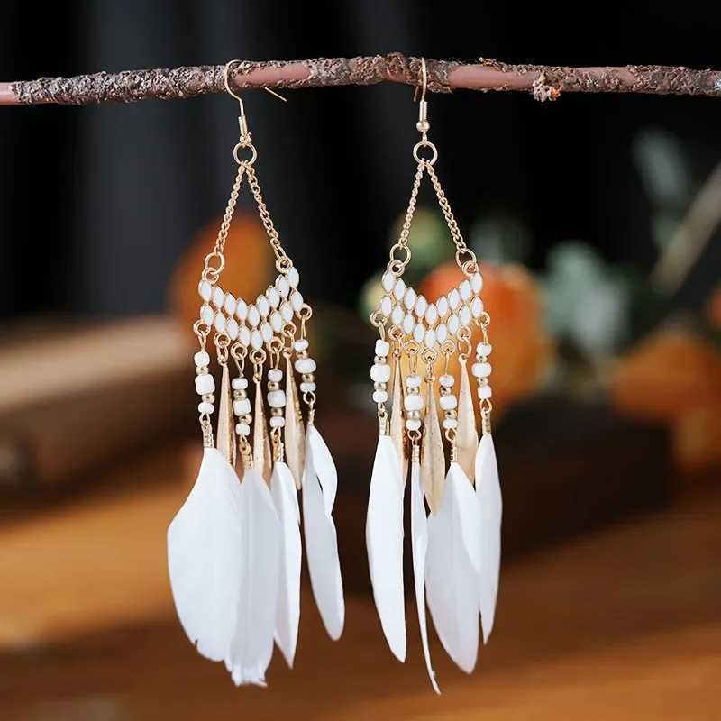 Bohemian Ethnic Feather Dangle Earrings For Women Trendy Long Tassel Colorful Beads Drop Earrings Girl Female Boho Jewelry Y250812