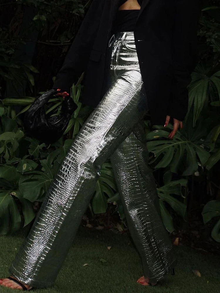 Gold Sliver Leather Pants Women Casual High Waist Straight Wide Leg Ankle Length Trousers Scale Leather Party Club Wears 250812