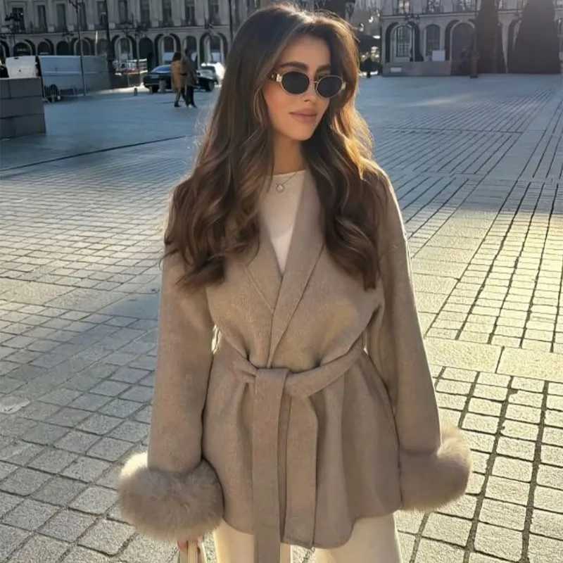 Talenza Womens Wool Coat Fashion New Thick Woolen Coat Office Lady Casual Lapel Loose Belt Short Coat Women Female Outfits 2025 Z250813