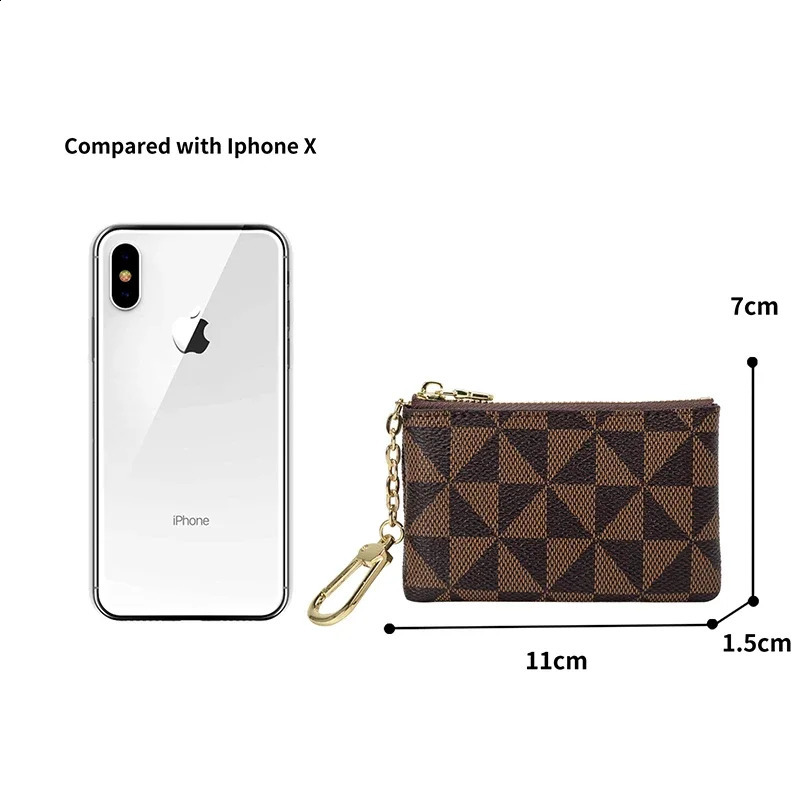 Key Storage Bag with Chain Women Mini Coin Purse Plaid Leather Small Zipper Wallet Ladies Keychain Trendy 250812 Y260206