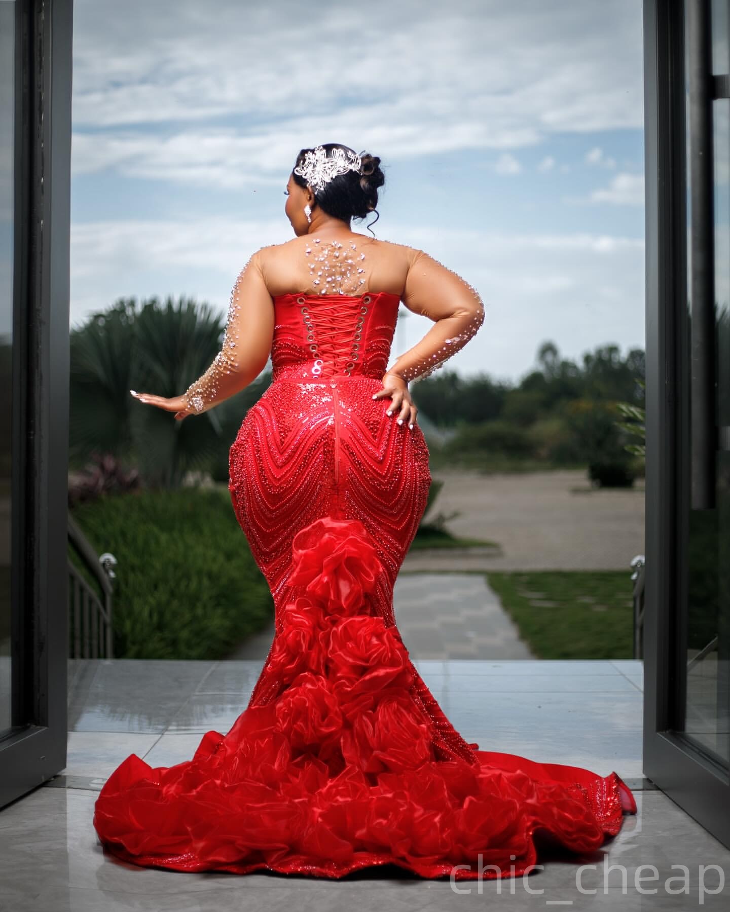Mermaid Red Prom Dresses 2025 Beaded Crystals Luxurious Full Sleeves Evening Formal Party Second Birthday Engagement Gowns Plus Size Dress For Special