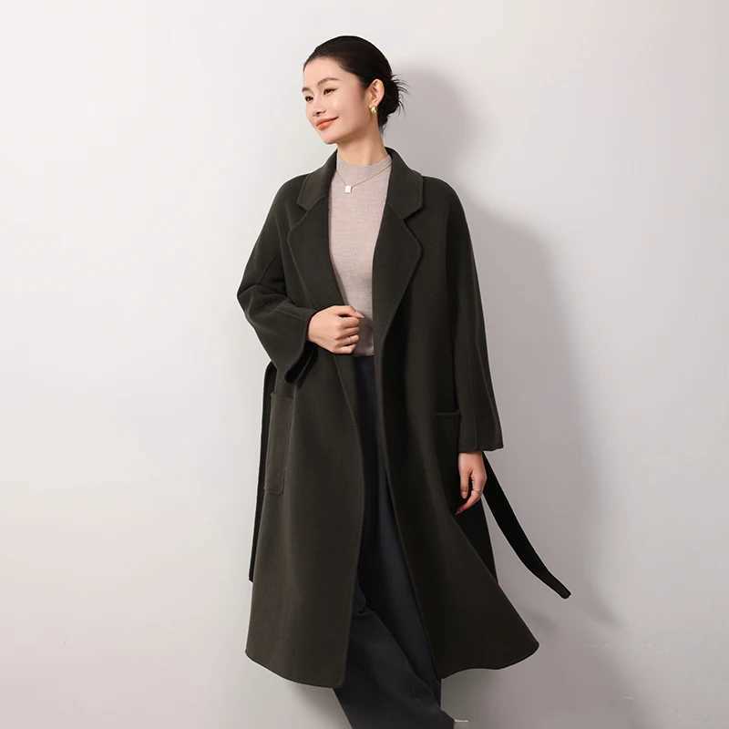 2025 Autumn Winter New 100% Australian Wool Womens Long Coat with Belt Loose Fit Raglan Sleeves Simple Woolen Trench Coat Z250813
