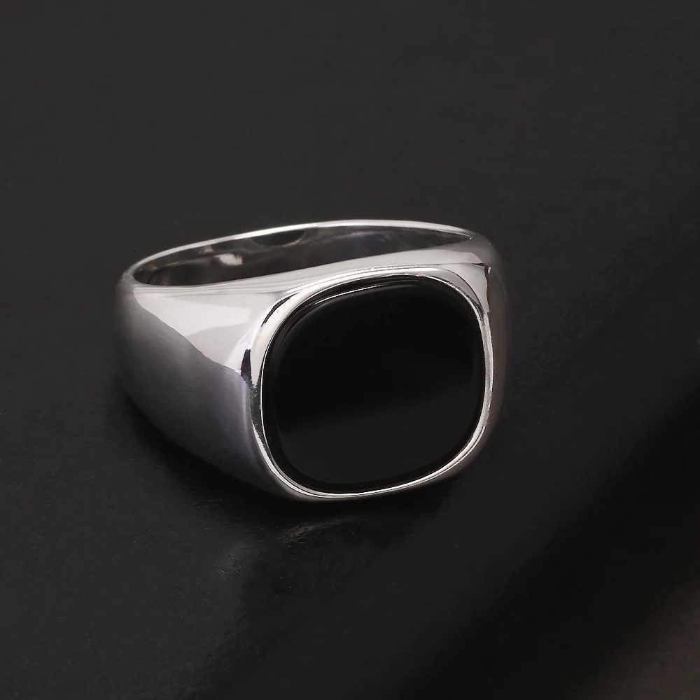 925 Sterling Silver Black Onyx Signet Ring for Men Trendy Retro Smooth Punk Rock Party Jewelry Pinky Ring Wedding Accessories W250812