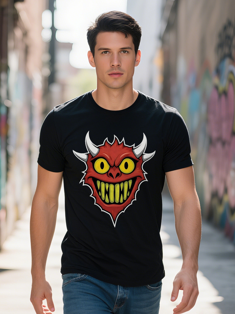 Men's Casual Black T-Shirt with Cartoon Demon Print Knit Fabric Round Neck Short Sleeve Summer Fashion Top