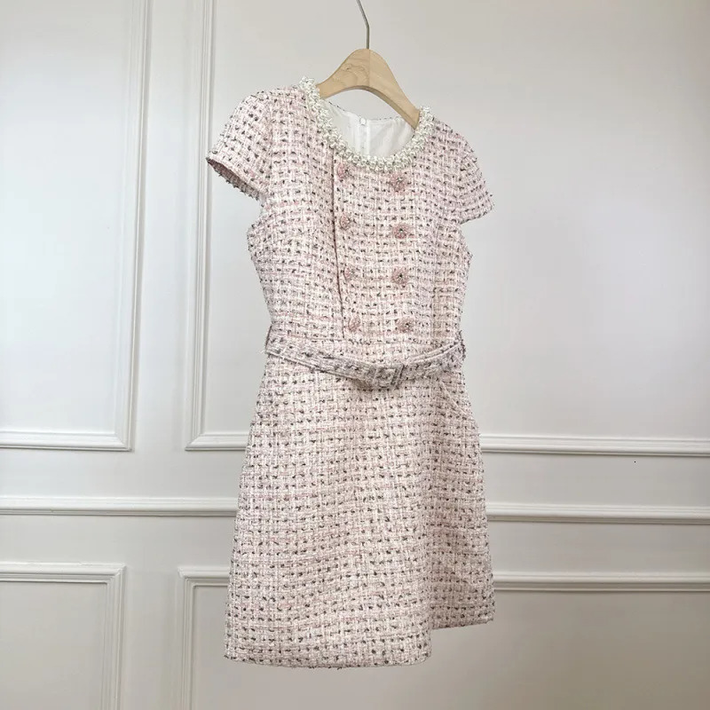Summer Autumn New Pearl Inlaid Dia Round Neck Slimming Belt Tweed Elegance Style Base Sleeve Dress Short Skirt