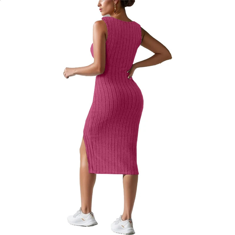 Women Bodycon Midi Dress Ribbed Sleeveless Summer Dress Casual Slim Beach Dress Square Neck Sundress Plain Solid Color Vest Tank 250806