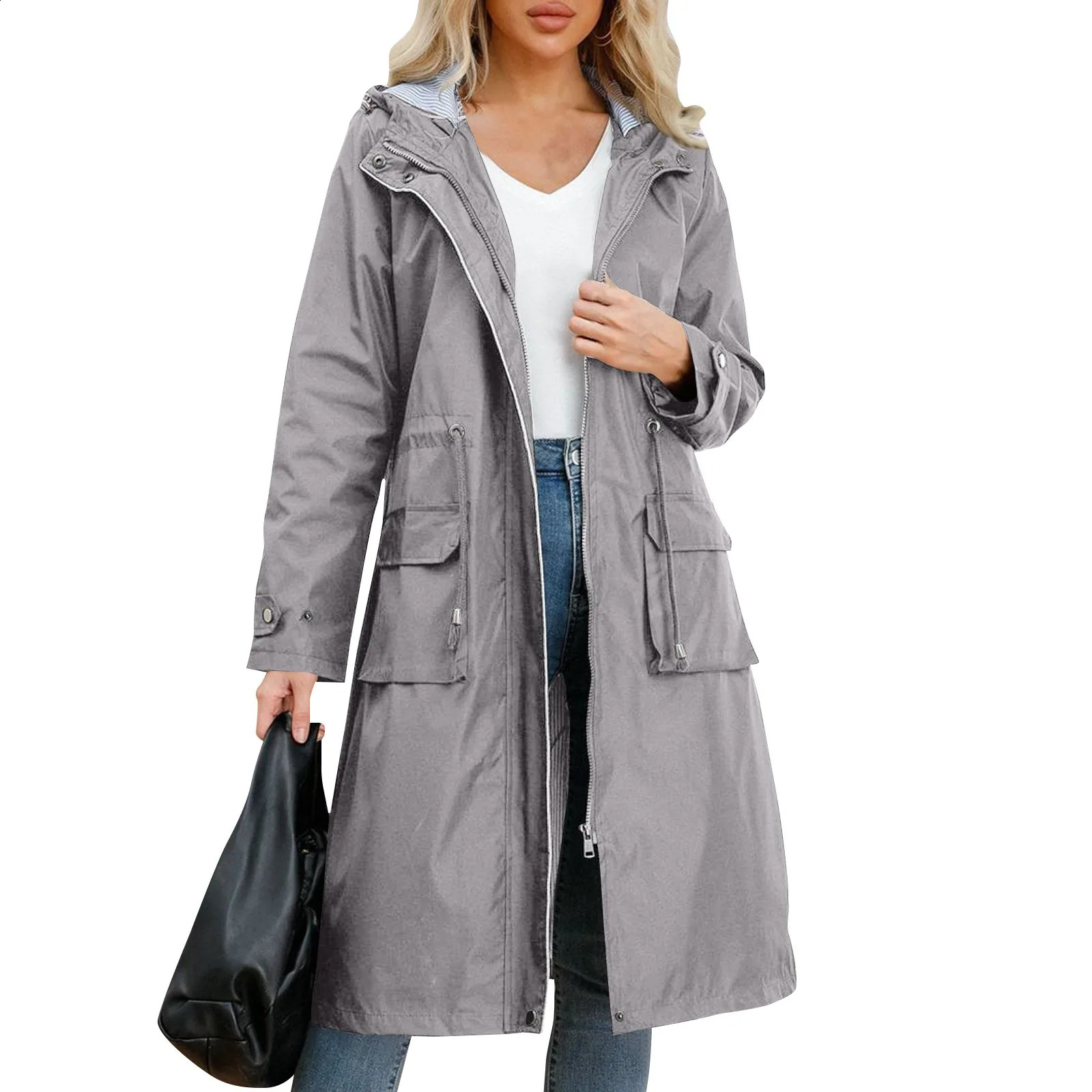 Womens Chic Hooded Long Sleeved Solid Color Trench Coat With Striped And Straight Tube Jacket Elegant British Style Windbreake 250805