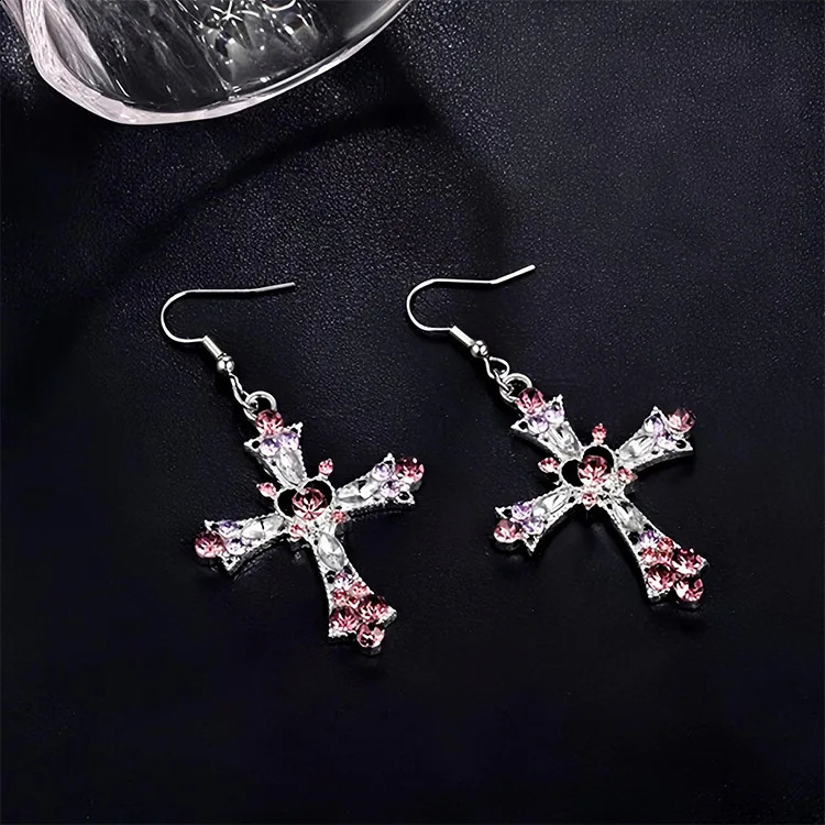 Gothic Pink Heart Cross Earrings Y2K Kpop Fashion Korean Style Earring for Women Grunge Egirl Earrings Jewelry Accessories 250812