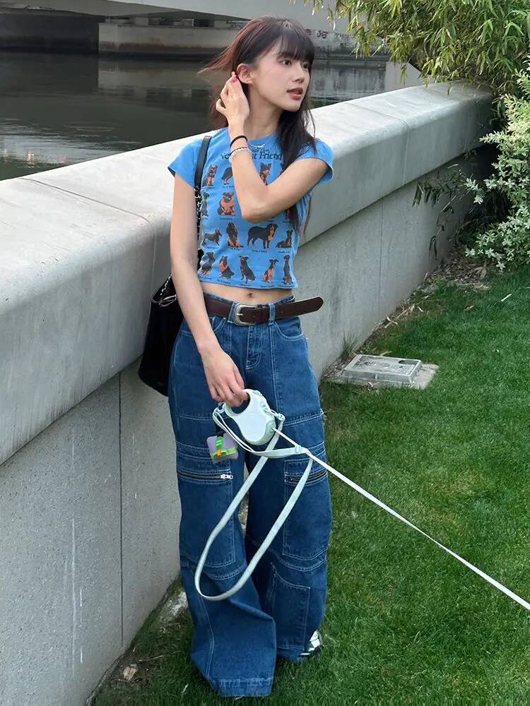 2025 pure cotton summer front shoulder commuting short sleeved T-shirt for women, new puppy print short style trend sweet and spicy high street top de