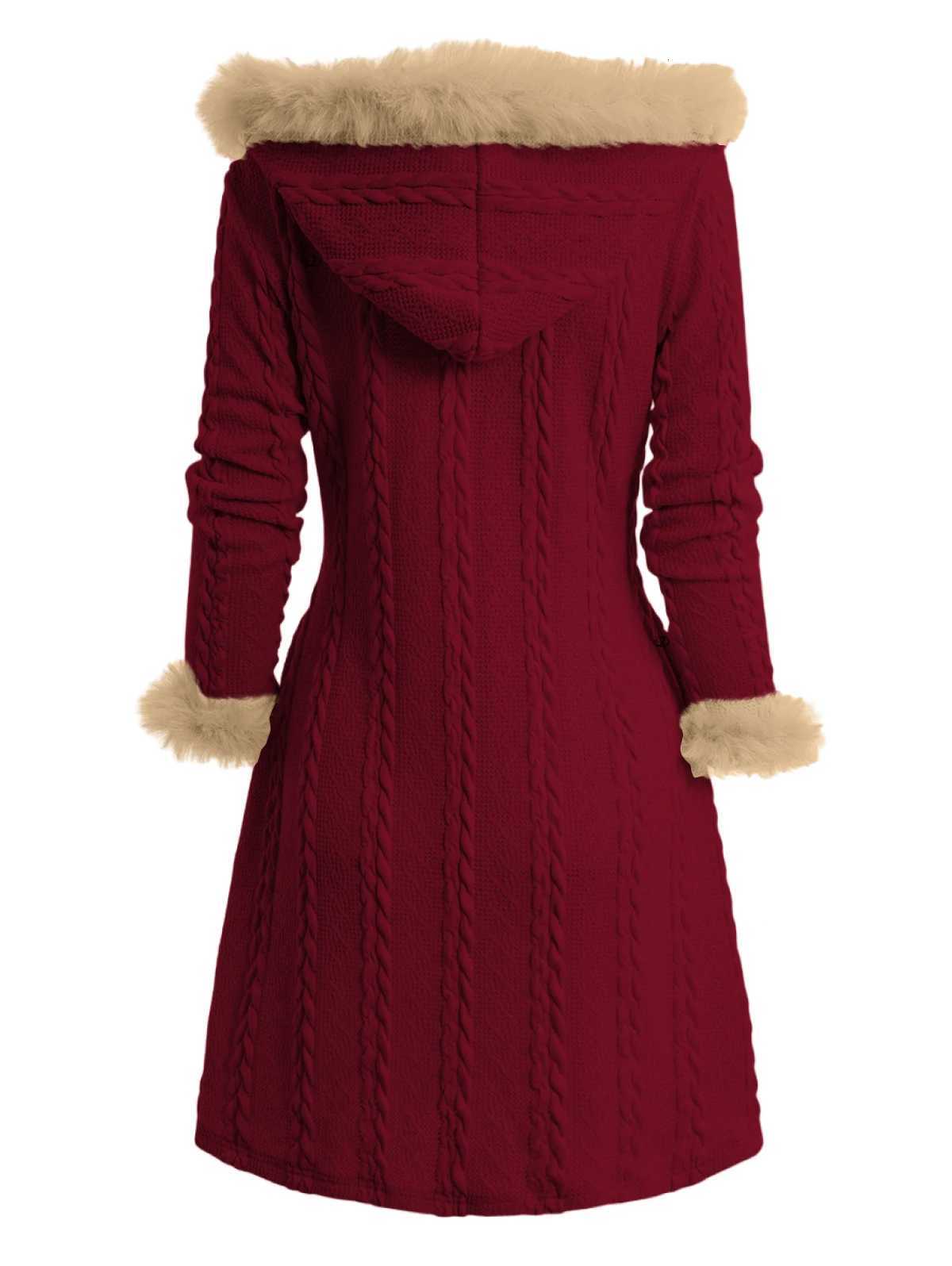 Dressfo Womens Christmas Coats Top Cable Knit Plaid Faux Fur Panel Hooded Coat Horn Button Long Knitted Coat Winter Warm Coats Z250813