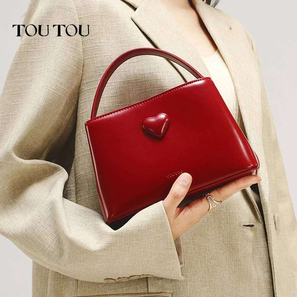 TOUTOU Women Handbag Cowhide Small Handheld Wedding Bride Daily Commuting Love One Shoulder Crossbody Red Bag Valentine Gift
