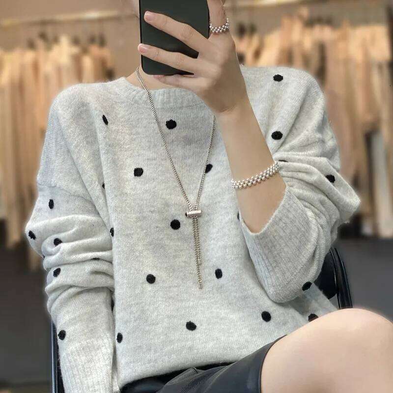 European Station 2022 New Goods Puffed Wool Sweater Women Polka Dot Round Neck Cashmere Pullover Long Sleeve Top Trend 250813