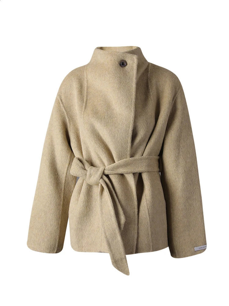 DEAT Fashion Ginger Color Double Side Short Woolen Coat Womens Turtleneck Loose Single Button Sashes Blends Coats Winter 250805