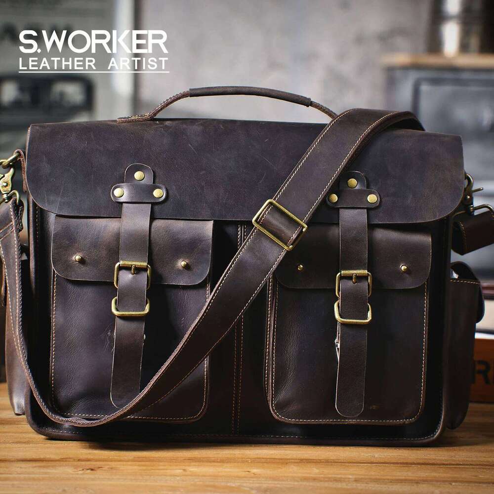 Vintage Genuine Men's Briefcase 16" Laptop Bags Crazy Horse Leather designer Sac homme Messenger Handbag Cowhide Idea Gift For Men
