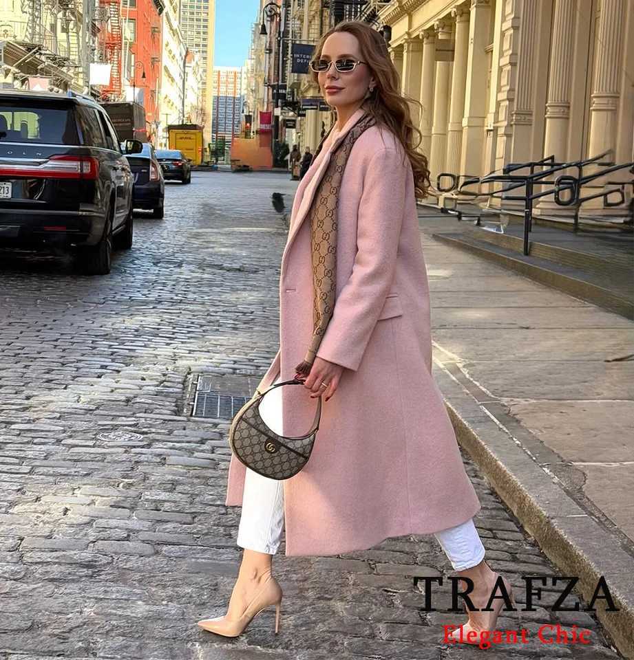 TRAFZA-Women Elegant Long Coat Pink Blended Lapel Buttons Lined Coat New 2025 Fashion Fall Winter Romantic Outwear Beige Coat Z250813