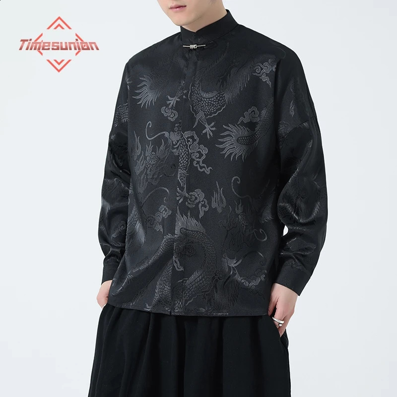 Chinese Style Dragon Printed Ice Silk Shirt For Men Casual Metal Buckle Dull Black Aesthetic Neutral Loosefit 250808