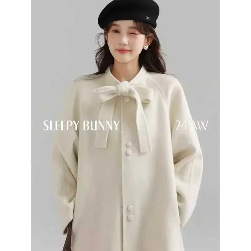 Vintage Bow Knot Double-Faced Wool Coat Women Casual Elegant Long Sleeve Overcoat Cozy and Warm Outerwear for Autumn and Winter Z250813