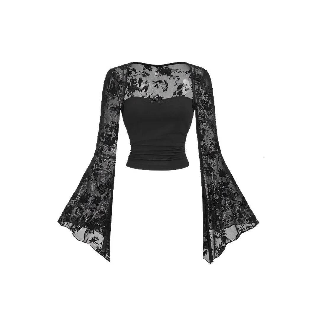 2025 Summer New Women's Tank Top Design Sexy Lace Splicing Long Sleeve Mesh T-shirt Sexy Elegant Style Long design Sleeve Square Neck Polyester F