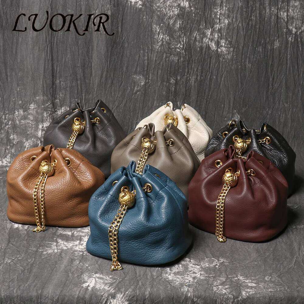 LUOKIR New Metal Drawstring Versatile Women's Handbag Genuine Leather Chain Crossbody Vintage Bucket Mobile Phone Bag 20250813