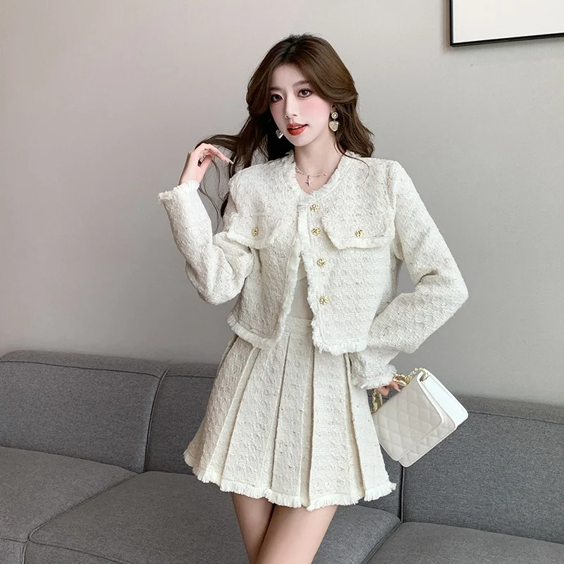 Two Piece Dress Korean Fashion Tweed 2 Set Women Outfits Autumn Winter Crop Top Jacket Coat Tassel Mini Pleated Skirt Suits Elegant 2025
