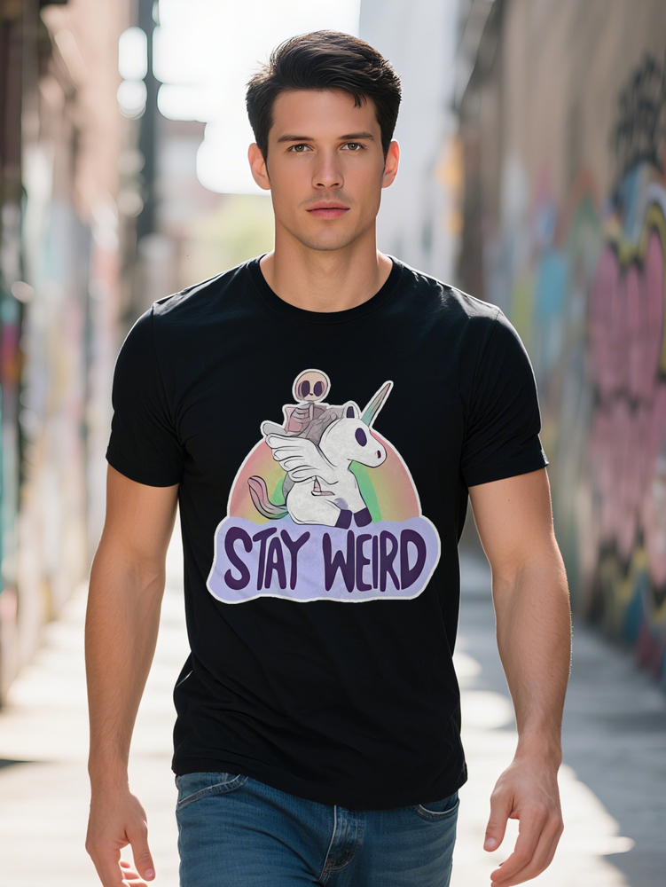 s Graphic Print Casual T Shirt Stay Weird Skeleton Rainbow Black Round Neck Summer Tee Quirky Gift for Men