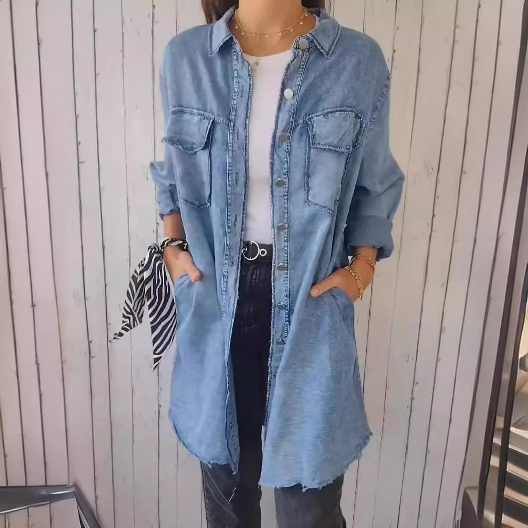 Denim Coat Single Breasted Full Sleeve Jackets Pockets Turn Down Collar Casual Solid Lady Spliced Summer 2025 250811