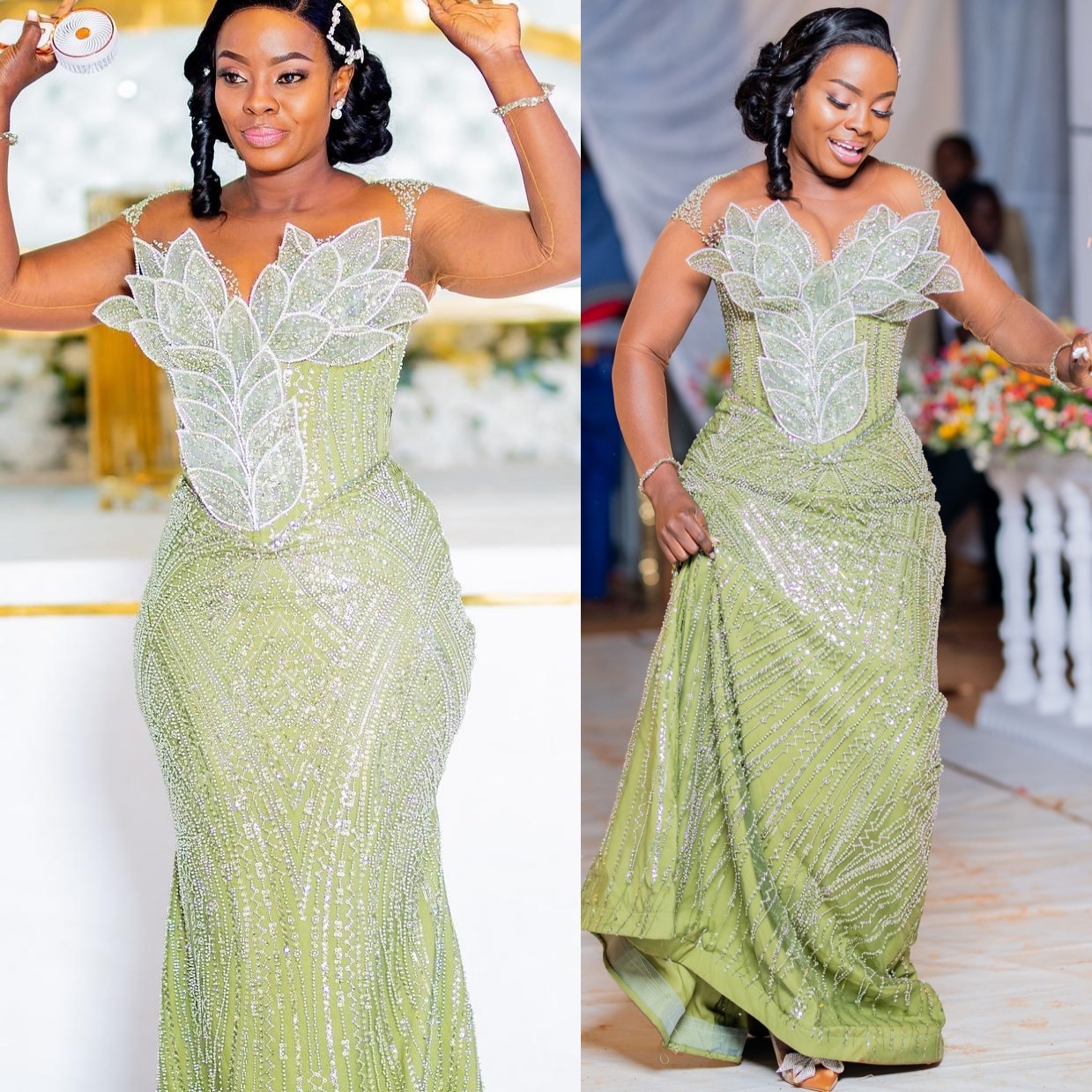 Mermaid Pistachio Prom Dresses 2025 Beaded Flowers Long Sleeves Evening Formal Party Second Birthday Engagement Gowns Plus Size Dress For Special Occa