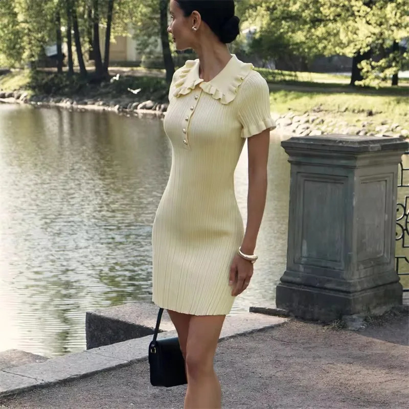 Talenza Knitted Elegant Ruffle Mini Dress Womens Retro Single Breasted Dress Sexy Short Sleeve Solid Color Slim Fit Mini Dress 250806