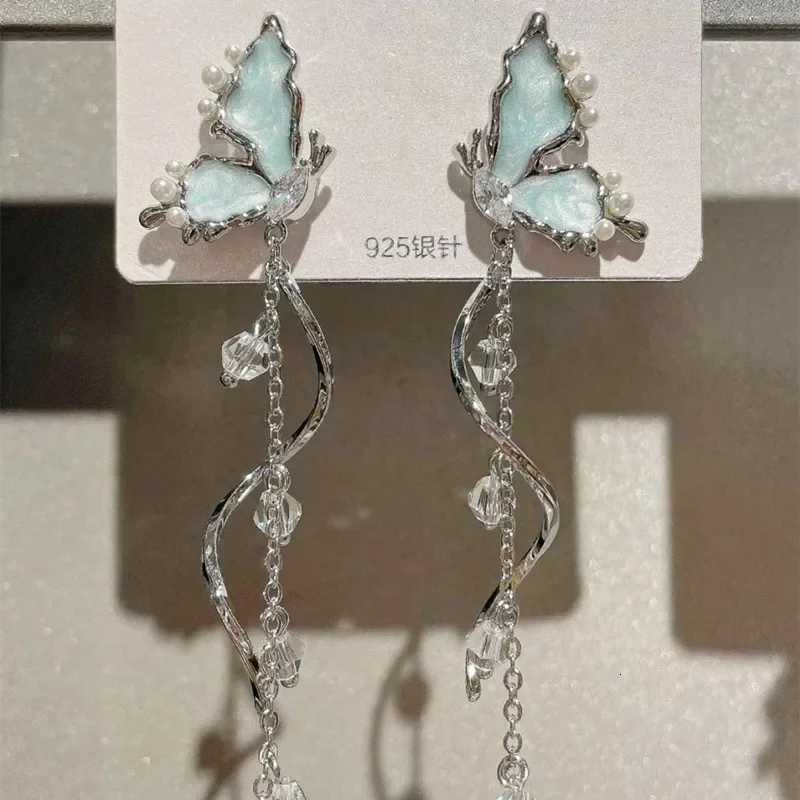 S925 Silver Needle Blue Color Drip Glaze Butterfly Imitation Pearl Long Tassel Earrings for Women Trendy Earrings Travel Gift Y250812