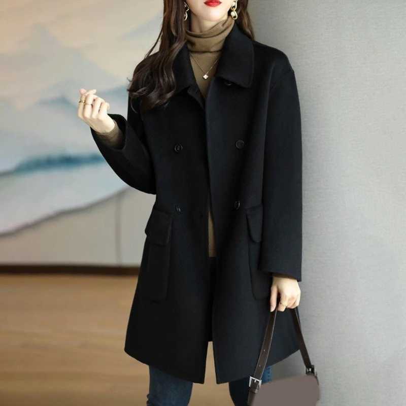 Womens Winter Overcoat Middle-Long Lapel Collar Woolen Coat Outerwear Warm Lady Overcoats Button Down Z250813