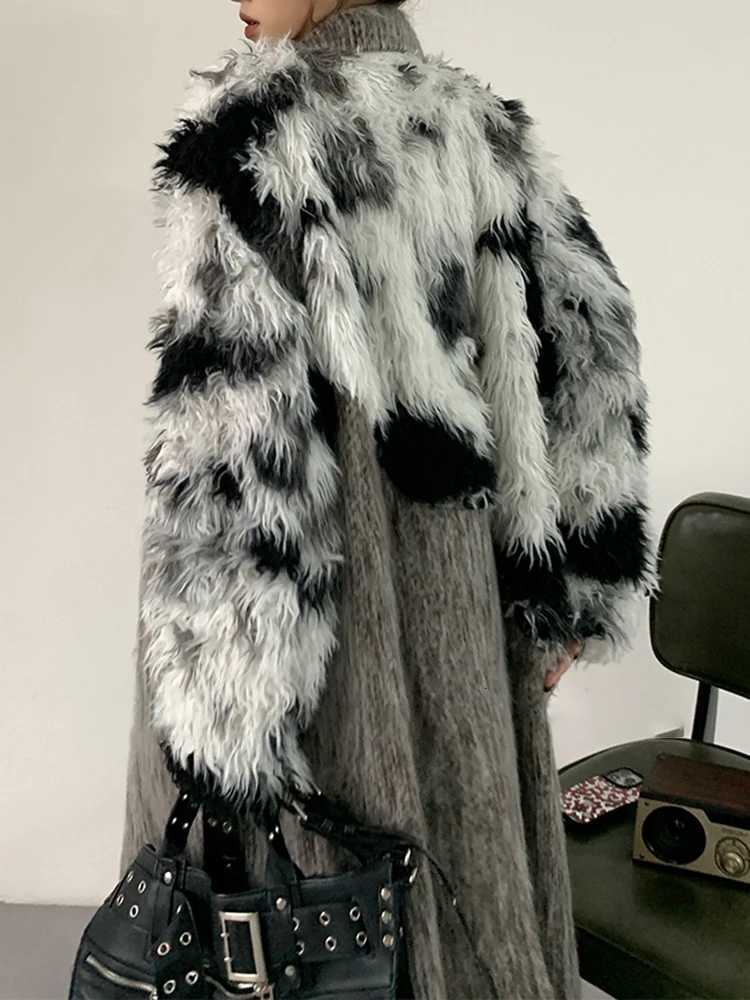 Yermora Gray Splice Irregular Fake Fur Woolen Coat for Women Lapel Long Sleeve Overcoat Fashion Tide Autumn Winter New 2024 Z250813
