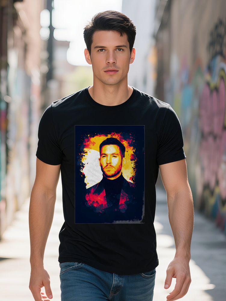 Men S Casual Versatile Round Neck T-Shirt with Portrait Flame Print Colorful Abstract Design Soft Fabric Regular Fit 335c8