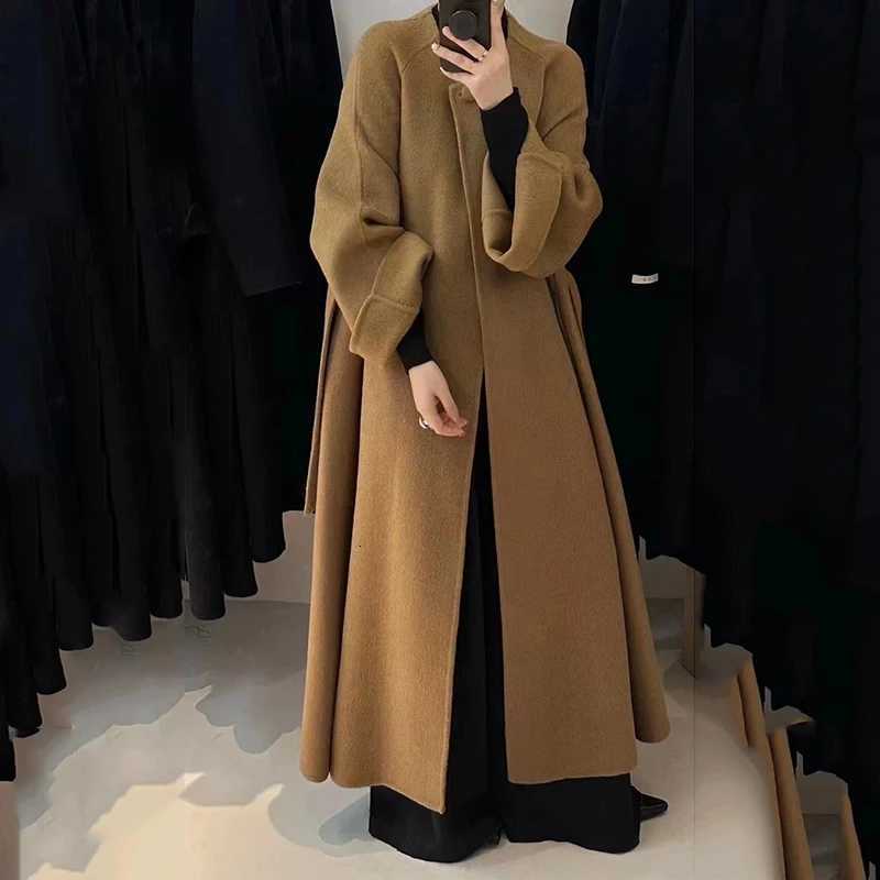 2024 Autumn Winter New Woolen Coats Round Neck Belt Overcoat Female Fashion Clothing Vintage Lace-Up Elegant Wool Jackets Z250813