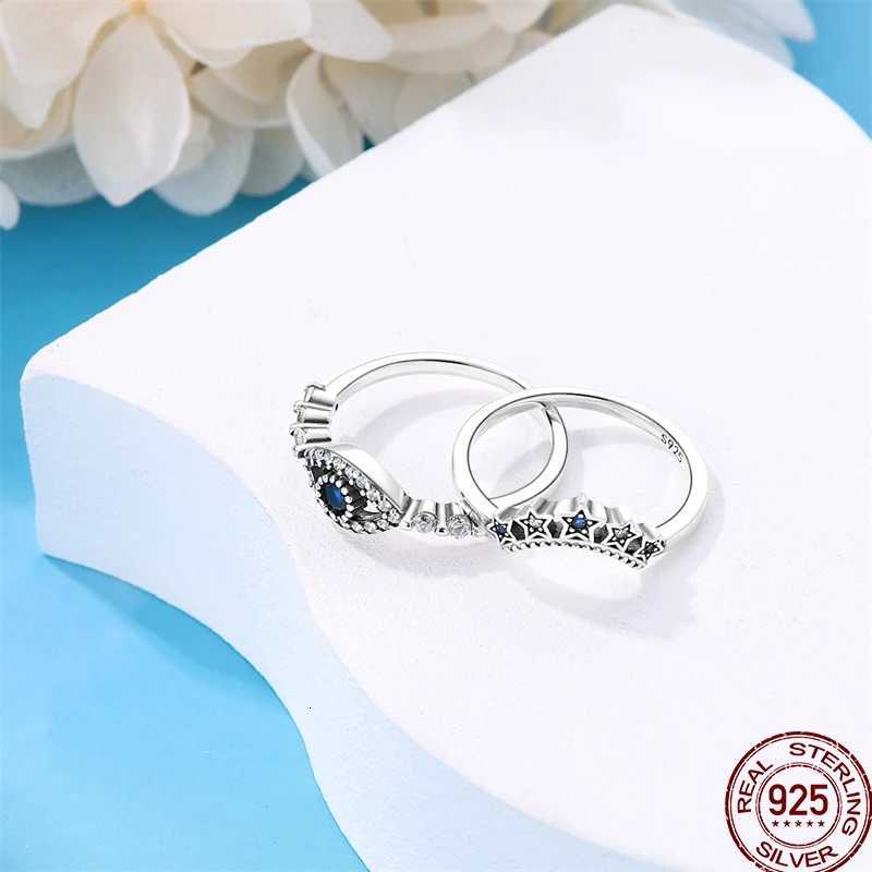 925 Sterling Silver Ring Blue Shiny Zircon Star Moon Stackable Womens Original Wedding Ring Exquisite Jewelry Gift W250812
