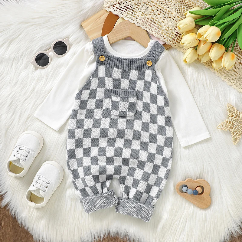born Baby Romper Knitted Infant Boy Jumpsuit Sleeveless Autumn Toddler Kid Sling Clothing Fashion Plaid Pocket 018M Overalls 250812