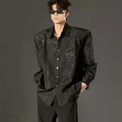 Deconstructed Textured Black Crackle Shoulder Pad Shirt 250811