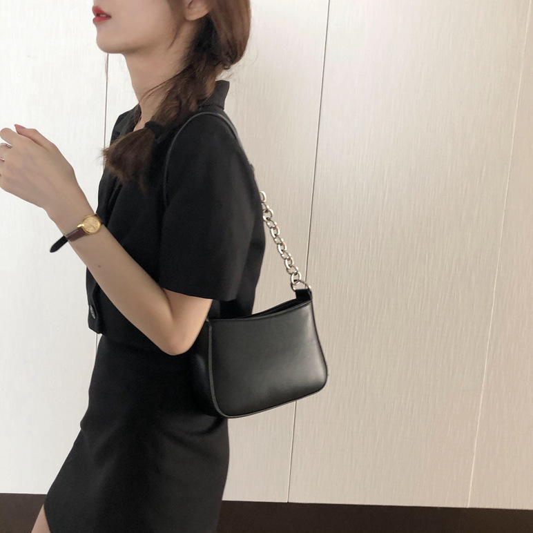 2025 New Ins Hot Black Patchwork Underarm Baguette Bag Street PU Shoulder Handbag for Women Trendy ddmymarket