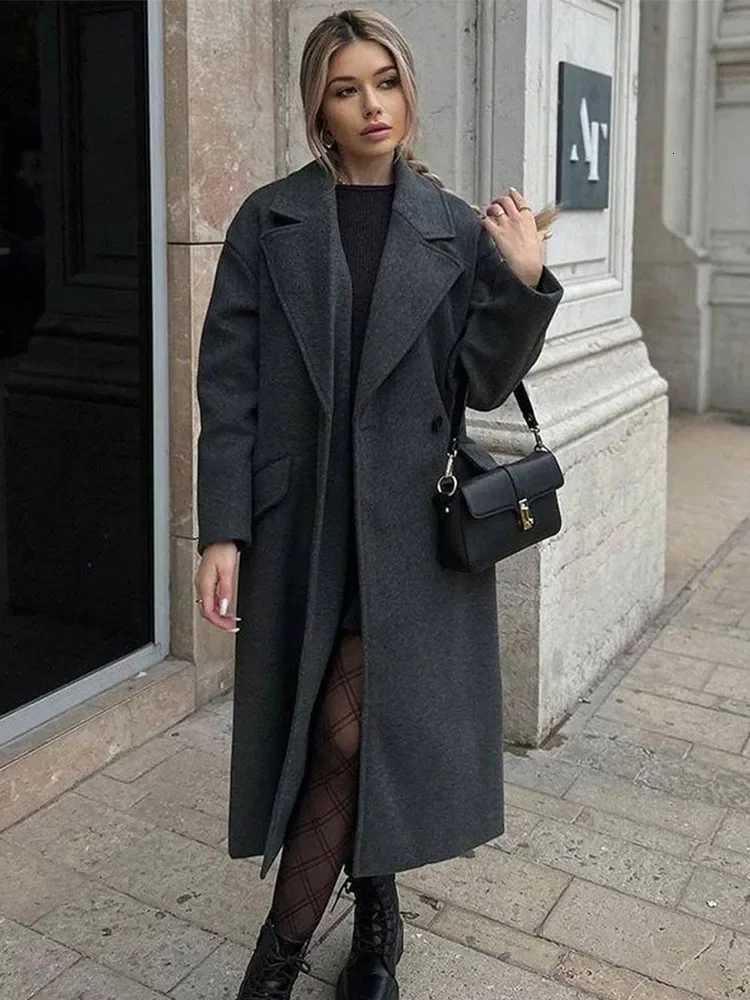 Women Winter Warm Long Outerwear Chic Elegant Women Solid Gray Long Sleeve Pockets Double Breasted Faux Woolen Coat 2025 Z250813