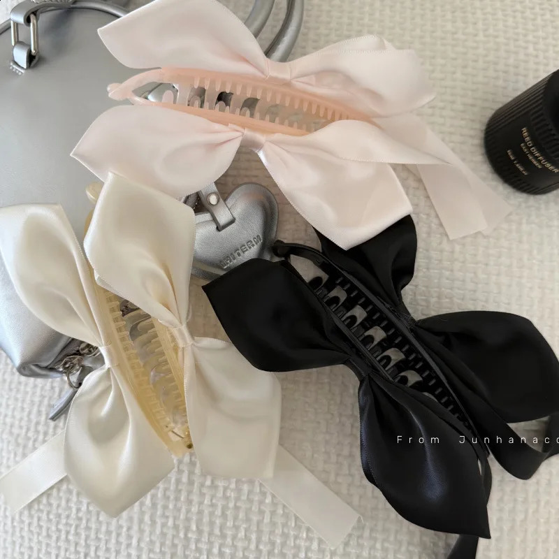 Balletcore Satin Bow Clip White Cat Ear Banana Clip with Flowing Ribbons Elegant Princess Hair Claw for Girls Wedding/Daily 250812