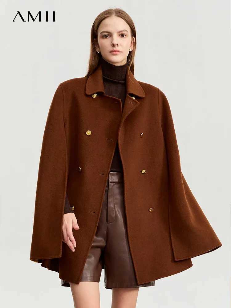 AMII Womens Woolen Coat 2023 Winter New Lapel Leather Belt Wool Cashmere Double-sided Cape Y2K Vintage Long Blends 12344065 Z250813