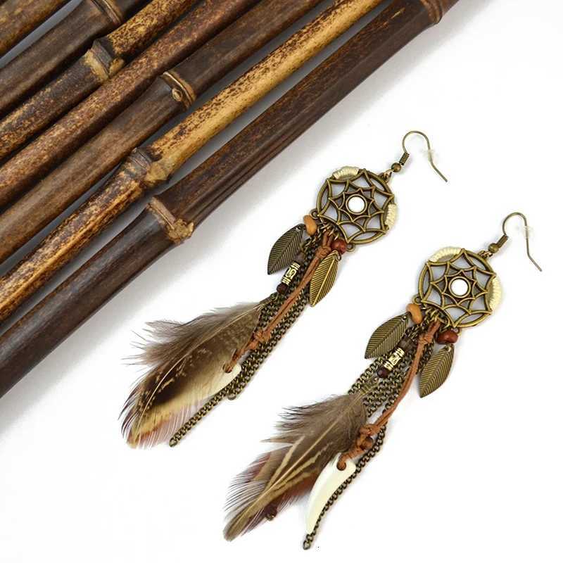 Boho Ethnic Dream Catcher Feather Antique Long Hook Earrings Fancy Handmade Chain Tassle Earring For Women Jewelry Y250812