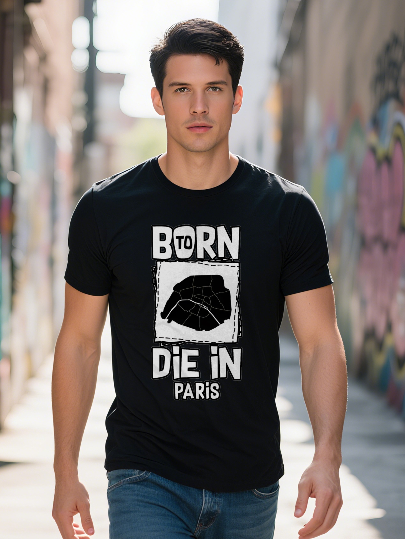 Men s Casual Graphic T Shirt Bold Born to Die in Paris Map Print with Black White Contrast Round Neck Summer Tee