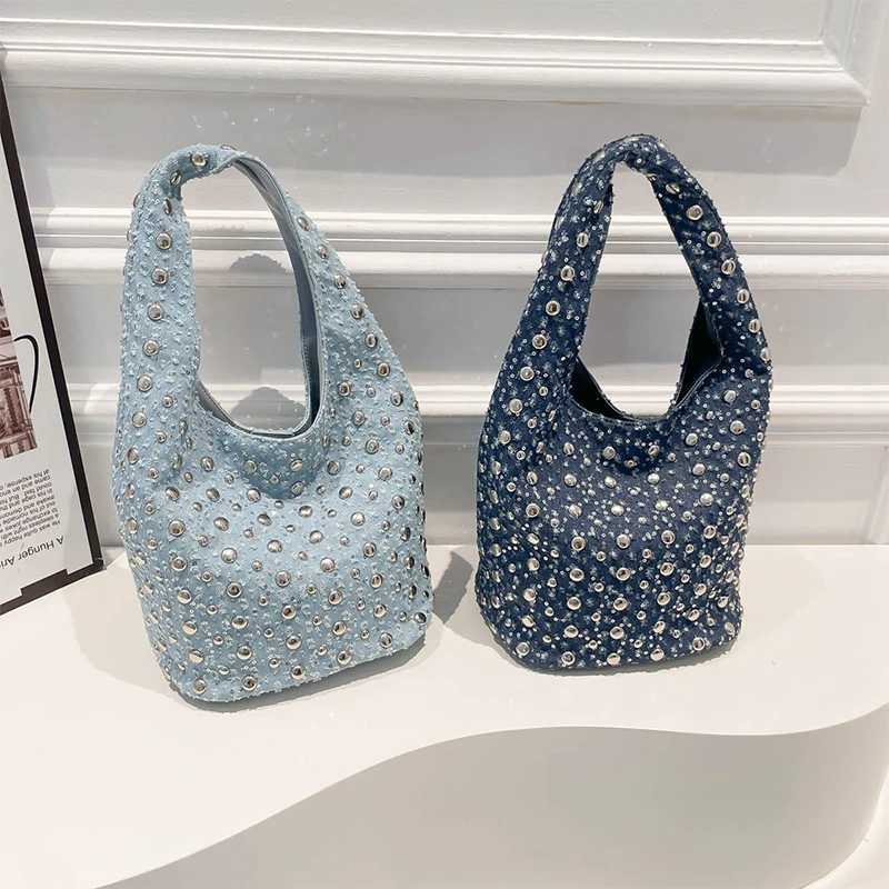Denim Sequin Underarm Shoulder Bag Vintage Metal Stud Motorcycle Style Handbag Designer Blue Chic Women Bucket Tote Bags Z250813