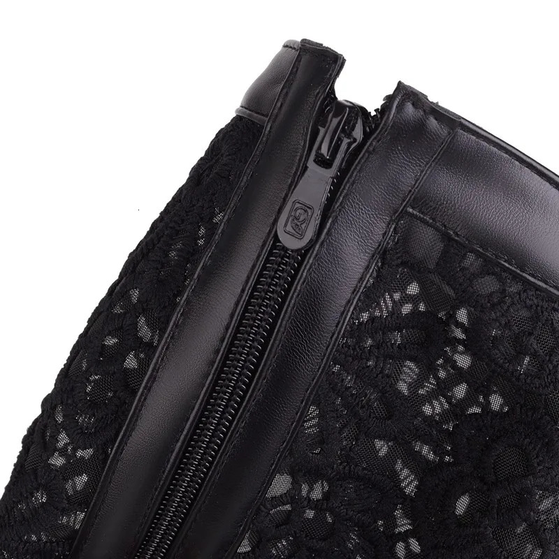 Womens Breathable Mesh Cool Boots Laces Mid Heels Woman Casual Hollow Knee High Boots White Summer Female Shoes Plus Size 34-43 250812